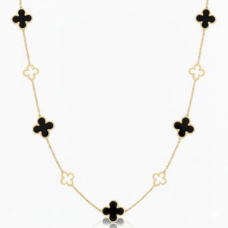 Italian Gold, Inc 14K Yellow Gold Alternating 9 Station Clover Necklace - Onyx