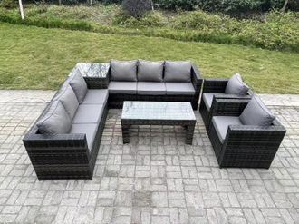Fimous 8 Seater Rattan Corner Sofa Set With Square Side Table & Oblong Rectangular Coffee Tea Table Arm Chair in Dark Grey