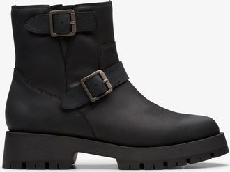 Clarks Womens Ledwick Haley Black Oily Leather Boots - Size 5.5 Wide Fit (UK Shoe)