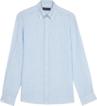 Brooks Brothers Lichtblauw gestreept linnen casual overhemd - Heren - Casual Overhemden - Blauw - 3XL - Linnen - Overhemden