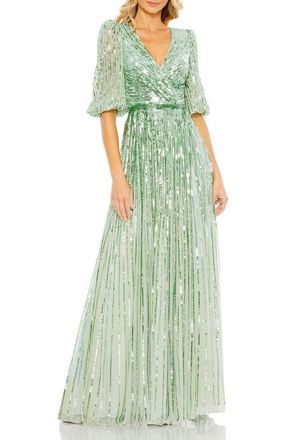 Mac Duggal Sequined Wrap Over 3/4 Sleeve Gown in Sage at Nordstrom, Size 12