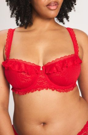 Savage x Fenty Rose Lace Unlined Balconette Bra in Timeless Red at Nordstrom, Size 38Ddd