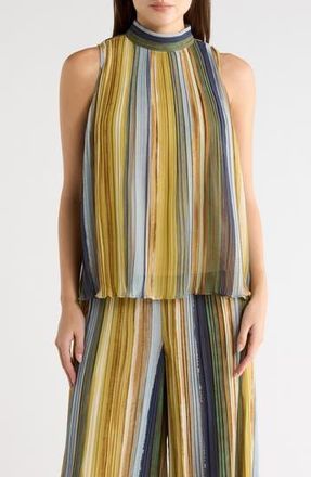 Adrianna Papell Pliss&eacute; Sleeveless Top in Citron Watercolor Stripe at Nordstrom Rack, Size X-Small