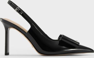 Charles & Keith Lu Patent Leather Bow Blade-Heel Slingback Pumps