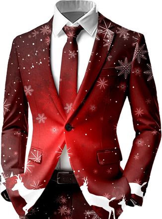 Generic Christmas Suit Red Blazer Men One Button Slim Fit Lightweight Tuxedo Jackets Novelty Snowflake Xmas Tree Print Christmas Suit Jackets Festive Costume 
