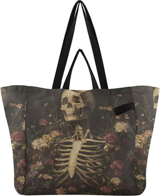 Generic Skull Roses Black pattern Reusable Canvas Tote Bag, Heavy Duty Grocery Shopping Bag with Double Handles Large Capacity Hard Bottom Work Groceries Trav