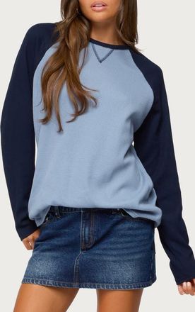 Edikted Me Time Oversize Raglan Sleeve Waffle Knit Top in Blue at Nordstrom, Size X-Large