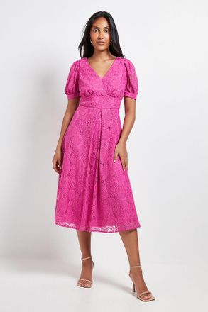 Wallis Womens Petite Lace V Neck Tea Midi Dress - Pink polyamide - Size 14 UK