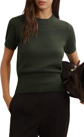 Reiss Anita Short Sleeve Cotton & Wool Sweater in Khaki Green at Nordstrom, Size X-Small