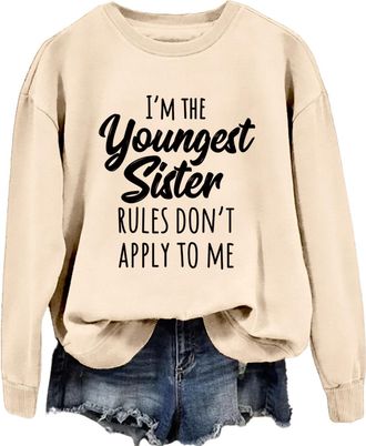 Generic Im Youngest Sister Rules DonT Womens Youngest Sister Rules Sweatshirt, Funny Sibling Crewneck Pullover, Soft Cotton Long Sleeve Casual Top for Sister 