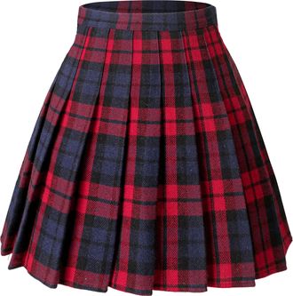 Hoerev Women Girls Versatile Plaid Pleated Skirt with Shorts for Cold Weather, Redblue, 10(Waist 26.5 inch)