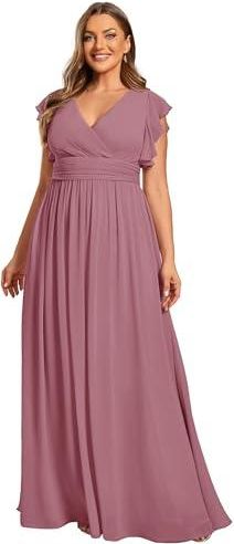 Ever-pretty Robe Longue de Soiree Tulle Plissé Femme Manches Courtes Col V A Line Taille Empire Brillante Élégante Bleu Brume 38 dès 64,99 € - sur