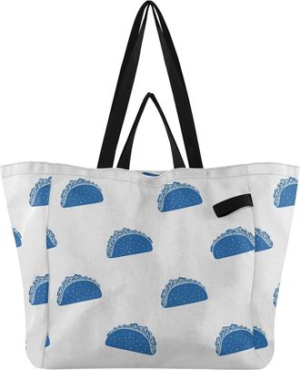 Generic Blue Tacos print Reusable Canvas Tote Bag, Heavy Duty Grocery Shopping Bag with Large Capacity Double Handles Hard Bottom Work Groceries Travel