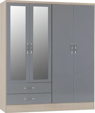 Seconique NEVADA 4 DOOR 2 DRAWER WARDROBE - GREY GLOSS/LIGHT OAK EFFECT VENEER - SECONIQUE | TJ Hughes