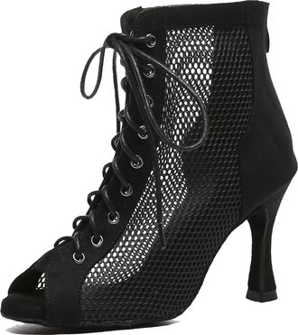 Miyoopark Dance Practice Shoes for Women Mesh Ballroom Sandals Party Prom Ankle Booties L573 Black 9cm Heel UK 5
