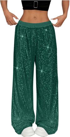 Generic Women Glitter Flare Pants Wide Leg Pants Elegant Shiny Bling Bell Rhinestone Sequined High Waist Loose Sparkly Trousers for Club Party Gym Yoga (Green