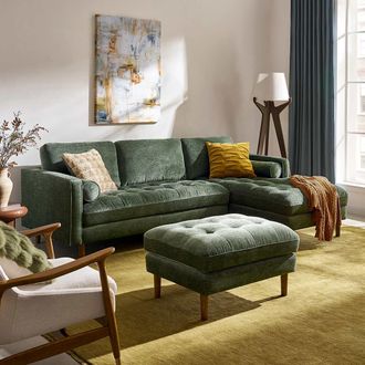 Castlery Biscuit Tufted Design Chaise Sectional Sofa with Ottoman - Green | Madison by Castlery, Performance Fabric, Spill-Resistant
