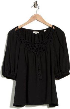 Max Studio Split Neck Puff Sleeve Top in Black at Nordstrom Rack, Size X-Large