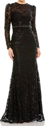 Mac Duggal Embellished High Neck Long Sleeve Gown In Black