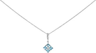 House of Brilliance Sterling Silver Blue Topaz and White Sapphire Square Motif Pendant Necklace 18 Inch