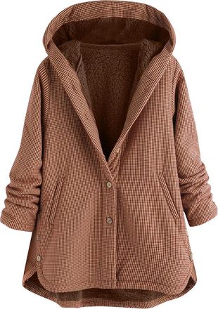 Generic Winter Jackets for Women Sherpa Fleece Lined Thicken Hooded Coat Plaid Long Sleeve Button Down Loose Coats Ladies Teddy Bear Coat Soft Fluffy Fuzzy Ch
