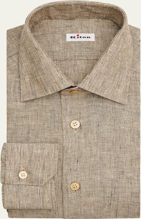 Kiton Mens Linen Blend Micro-Stripe Dress Shirt
