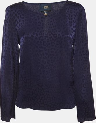 Roberto Cavalli Navy Blue Patterned Crepe Top
