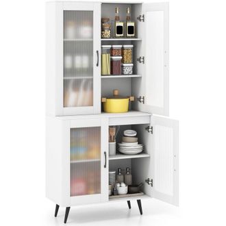 Costway Credenza da cucina 178,5 cm H con 4 ante trasparenti, ripiano regolabile, credenza indipendente con gambe in metallo, per sala da pranzo, soggiorno