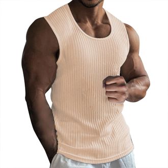 Generic Mens Tank Tops Sleeveless T Shirts Ribbed Knit Shirt Vest Muscle Fit Workout Tshirt Summer Casual Square Neck Tees(Z13-Khaki, XL)