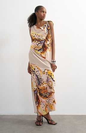 Topshop Print Side Drape Sleeveless Maxi Dress in Black at Nordstrom, Size 18