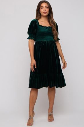 Pinkblush Velvet Smocked Puff Sleeve Dress in Forest Green at Nordstrom, Size Medium