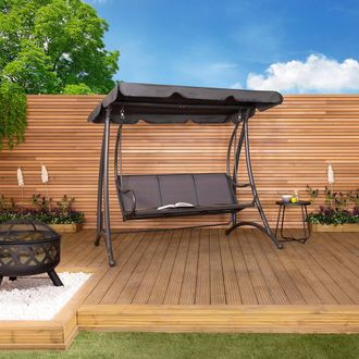 Charles Bentley 3 Seater Outdoor Swing Seat Bench Chair Hammock w/ Canopy -Grey in Grey
