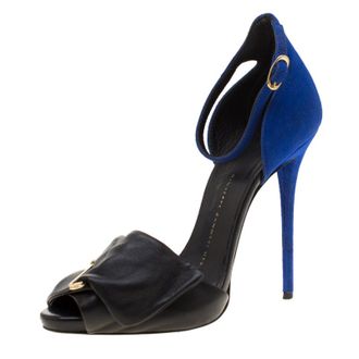 Giuseppe Zanotti Black Leather And Blue Suede Safety Pin Ankle Strap Sandals