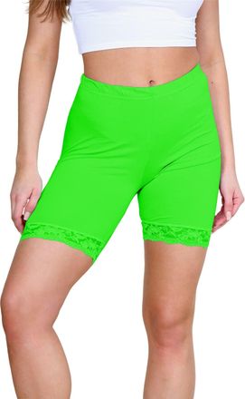 Janisramone Womens Scallop Lace Trim Cycling Shorts Stretchy Elasticated Waist Skinny Fitness Yoga Gym Shorts, Stylish Women Activewear Summer Hot Pants Neon Gree