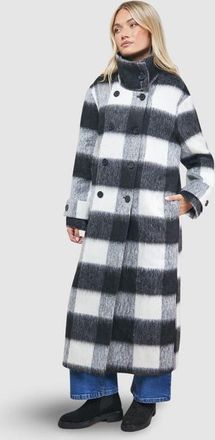 Oasis Brushed Check Funnel Neck Coat in Black at Nordstrom, Size 6