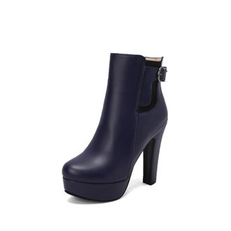 Generic Womens Ankle Boots Metal Buckle Strap Platform Sole Stiletto Heel Side Zip Round Toe Smooth PU Upper Color Block Detail Stylish Durable Design,Blue,4.