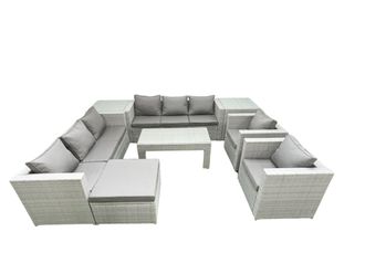 Fimous Outdoor Garden Furniture Rattan Sofa Set with 2 Armchairs Oblong Coffee Table Big Footstool 2 Side Tables Light Grey Mixed