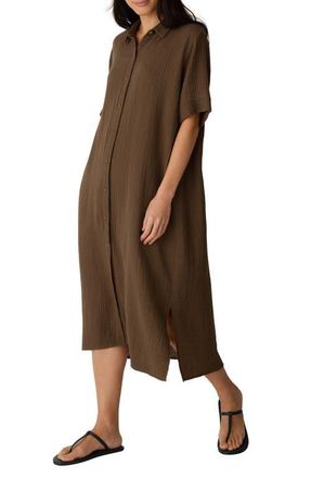 Eileen Fisher Classic Collar Organic Cotton Midi Shirtdress in Hazelwood at Nordstrom, Size Xx-Small