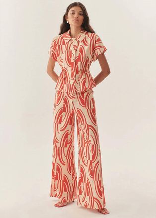 Exquise Sara Abstract Print Cotton Wide-Leg Pants In Red/bone