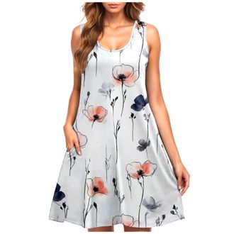 Generic Summer Dresses for Women UK Clearance Plus Size Print Sleeveless Beach Dress Casual Summer Tank Dress Knee Length Sun Dresses Beachwear Ladies Trendy 