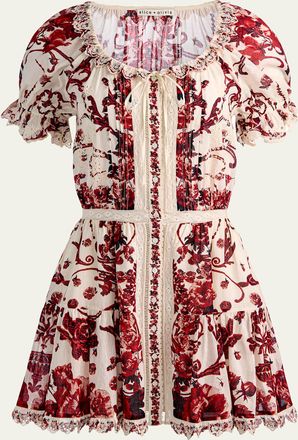 Alice & Olivia McLaine Embroidered Puff-Sleeve Mini Dress