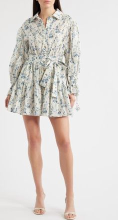 En Saison Bow Long Sleeve Tie Waist Cotton Shirtdress in Ivory Blue Splatter Floral at Nordstrom, Size Large