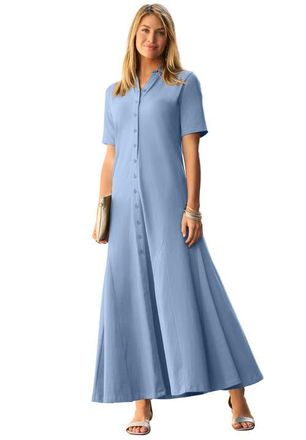 Jessica London Stretch Cotton Button Front Maxi Dress in Azure Mist at Nordstrom, Size 14