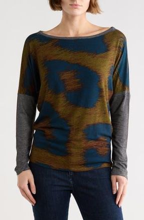 Go Couture Stripe Boat Neck Sweater in Charcoal/Blue/Brown at Nordstrom Rack, Size X-Large