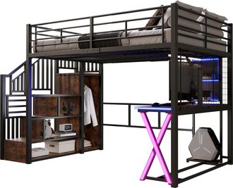 STILVORA Cama Alta Cama Doble Con Led, Escritorio, Armario, Escalera Con Almacenaje Y Estantes, 140 X 200 Cm, Sin Colchon