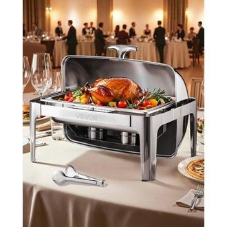 OEM Juego De Calentador De Alimentos Acero Inoxidable Con Sartenes(8,5 L), Rectangular, Tapa Enrollable Y Soporte Para Bandeja Agua Y Dep&oacute;sito De Combusti
