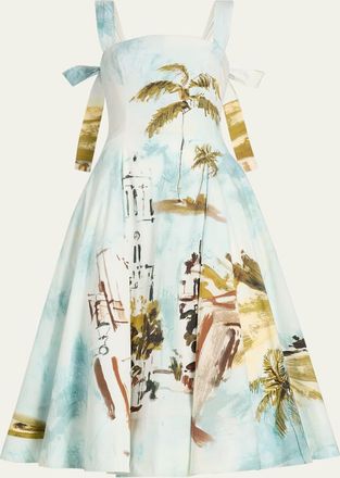 Oscar De La Renta Sleeveless Landscape-Print Poplin Midi Dress