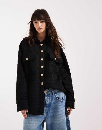 Asos Camicia giacca oversize in boucl&eacute; nera-Nero