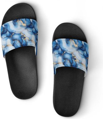 Generic Blue Gold And White Marble Shower Shoes Slipper for Women Men Beach Slippers Quick Drying Non Slip Open-Toe Sandals
