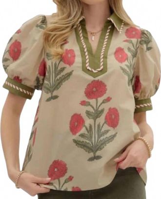 Entro Floral Print Bubble Sleeve Top In Beige Multi